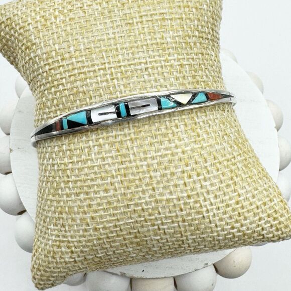 JRB Zuni NM Native American Sterling Silver Multi Stone Inlay Cuff Bracelet - Picture 1 of 14